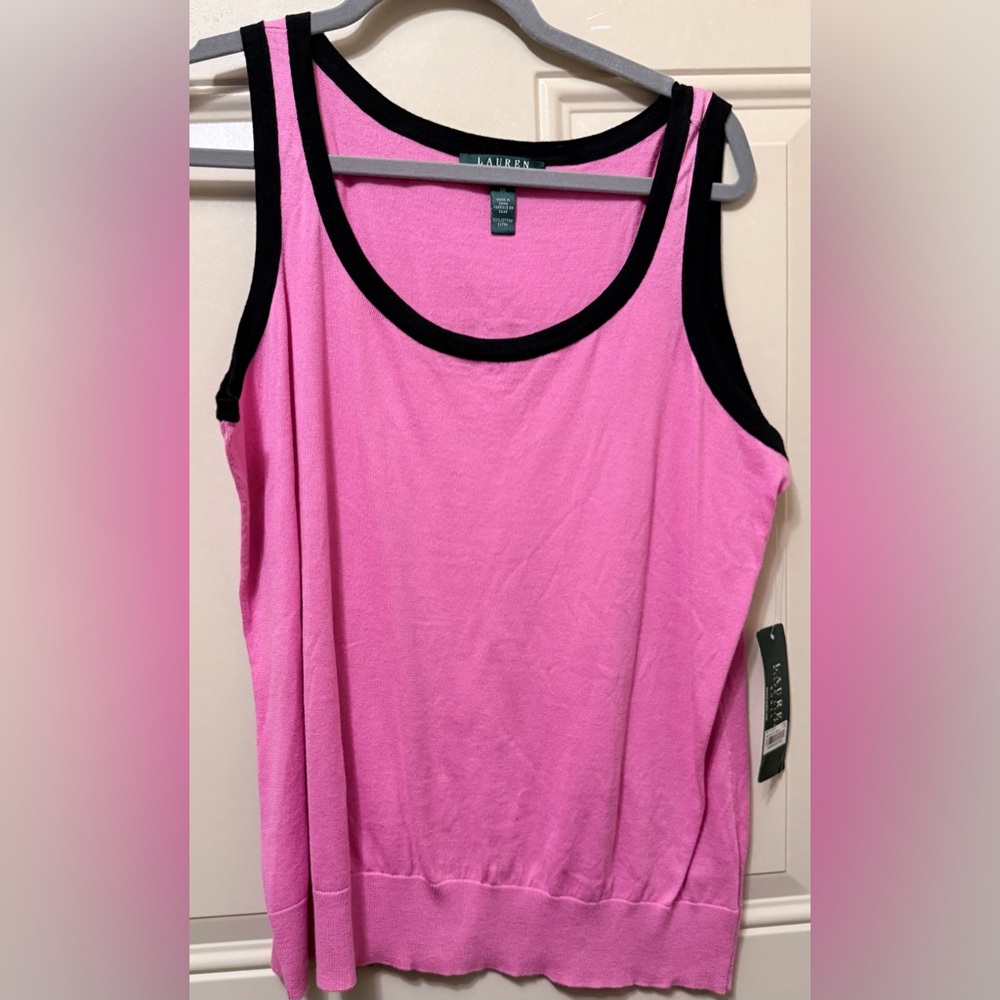 Lauren Ralph Lauren Sleeveless Top in Pink with Black Cotton Knit Size 1X